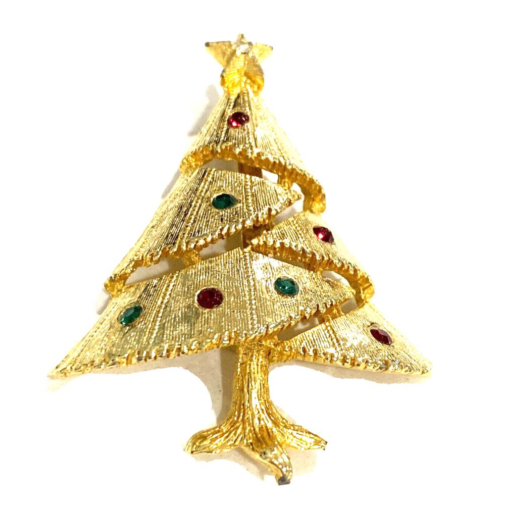 Vintage Christmas Tree brooch textured dimensional gold & colored rhinestones